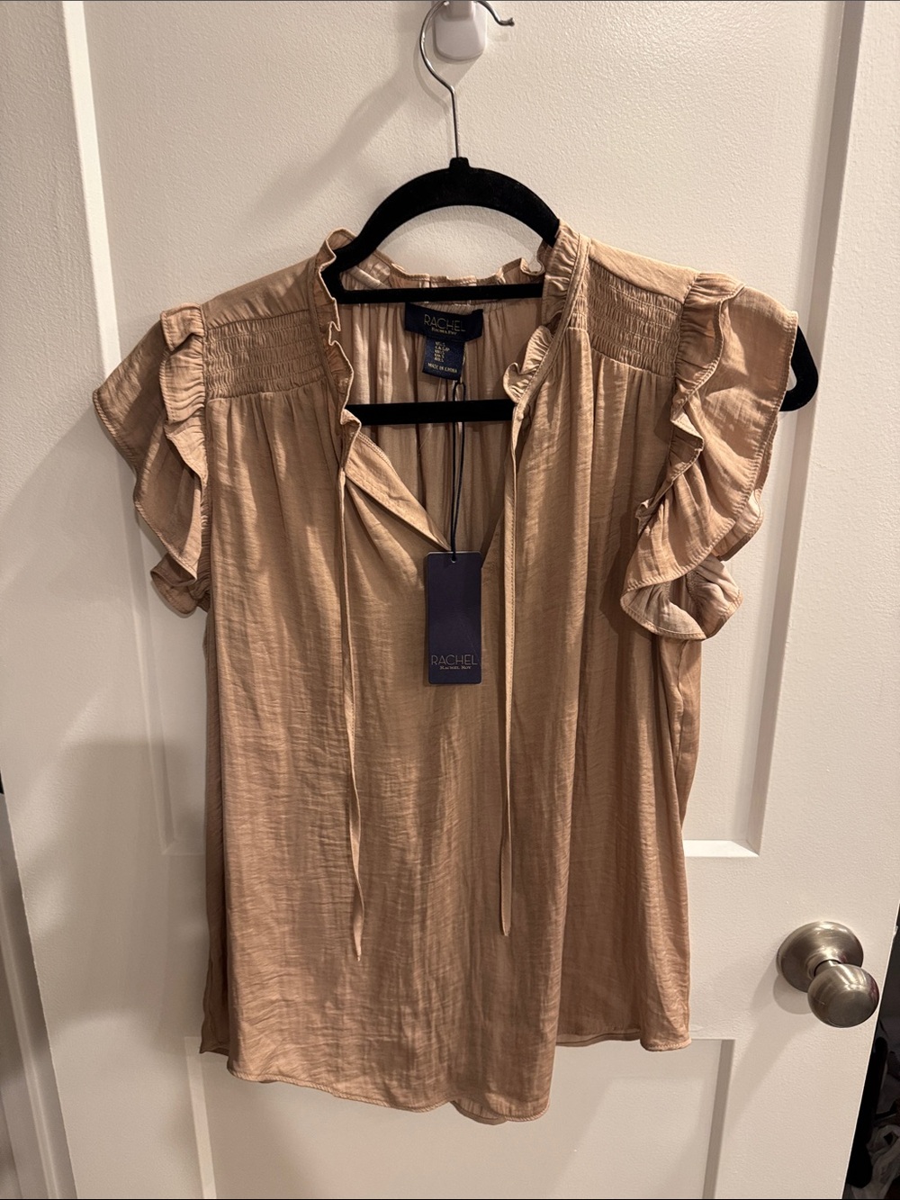 RACHEL Rachel Roy Tan Ruffle Sleeve Tie-Neck Blouse